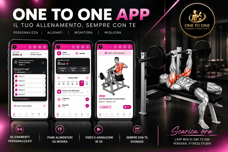 One to One App Donna: schermate Home, Nutrizione e Allenamenti nei colori fucsia e rosa, con esercizi mostrati in 3D