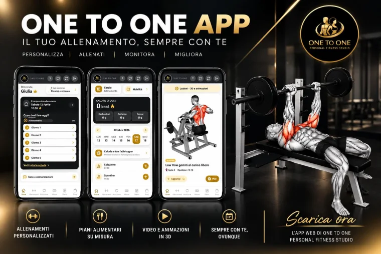 One to One App Uomo: schermate Home, Nutrizione e Allenamenti nei colori antracite e oro, con esercizi mostrati in 3D